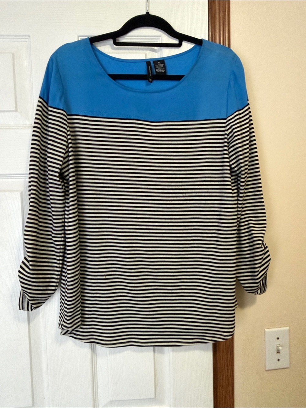 new directions Blue Yoke Black-and-White Striped Boatneck Top
